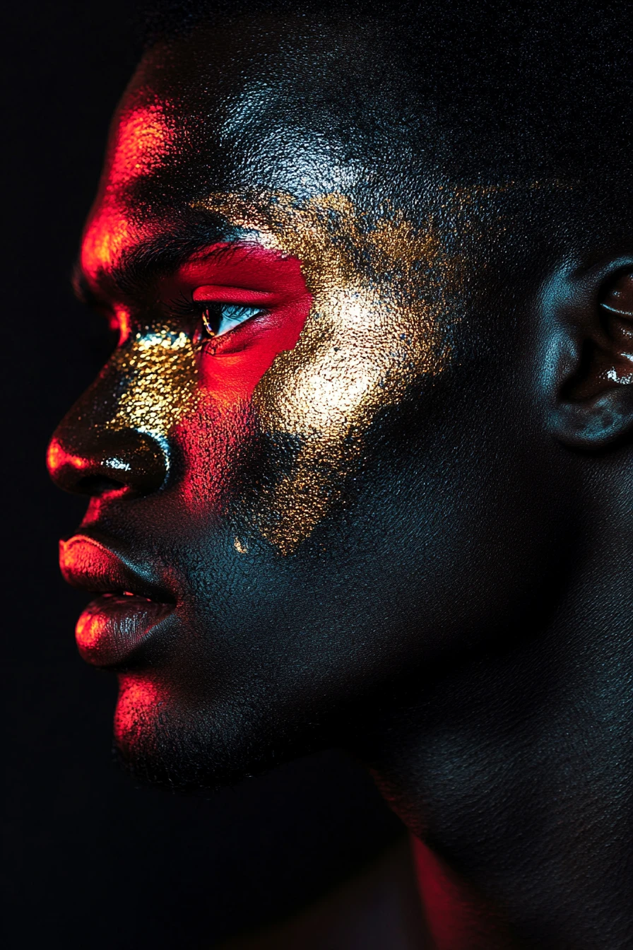 Intense man portrait in semi profile with bold colors