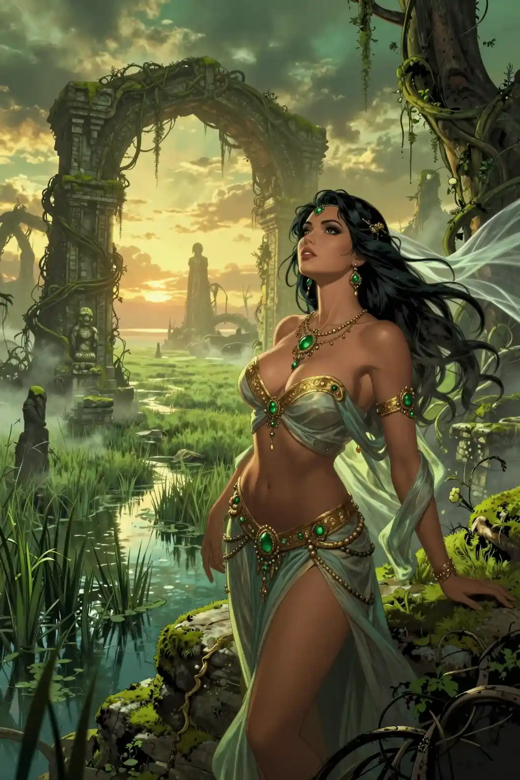 Fantasy queen on mossy ruins above glowing marshlands