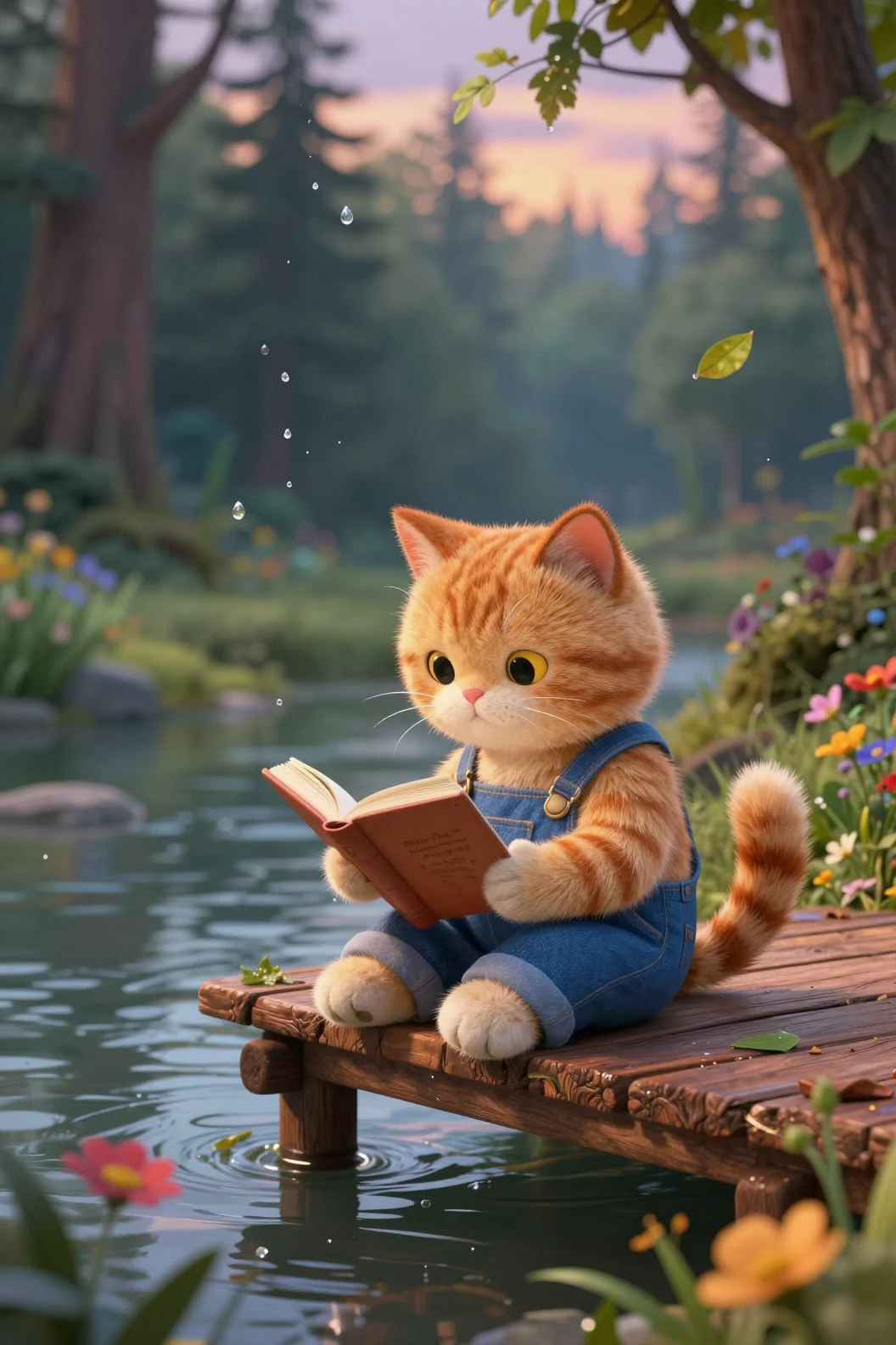 Ginger cat in denim overalls reading on a wooden pier