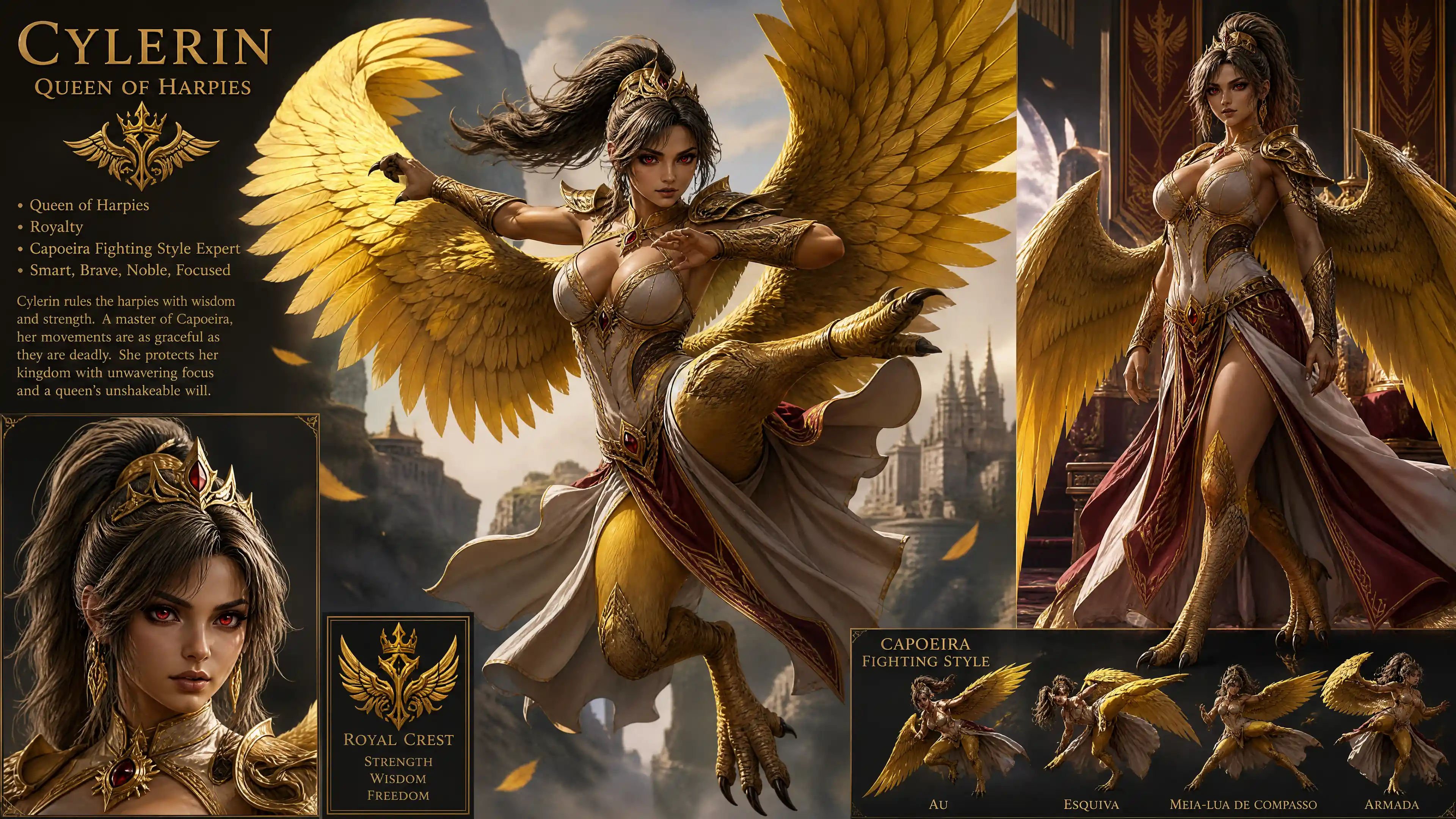 Regal yellow winged harpy queen in royal garments