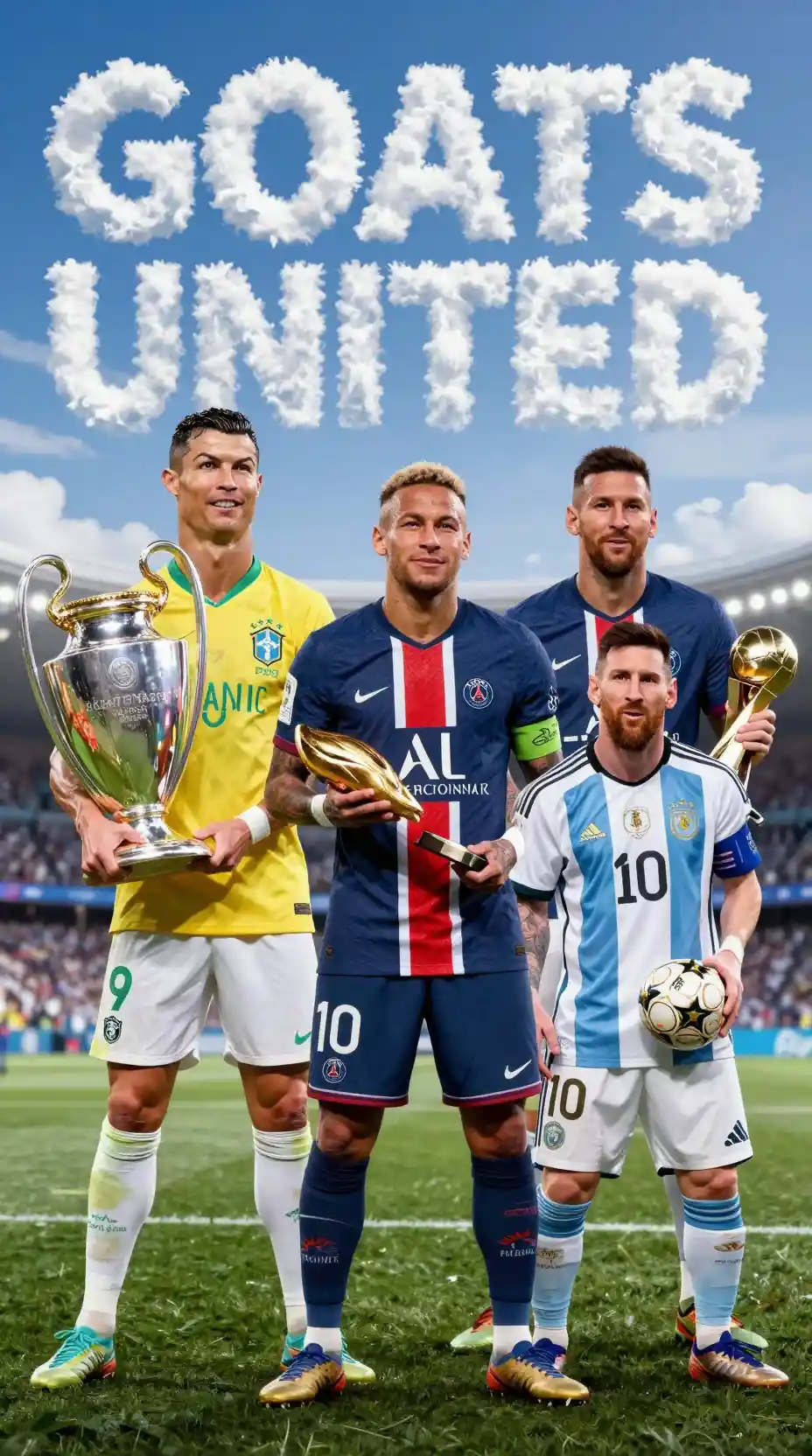 Soccer legends standing together holding championship trophies