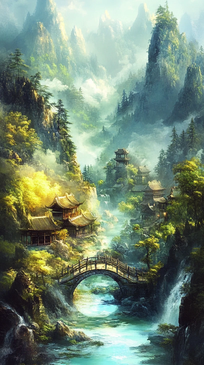 Tranquil Chinese monastery by a misty mountain river
