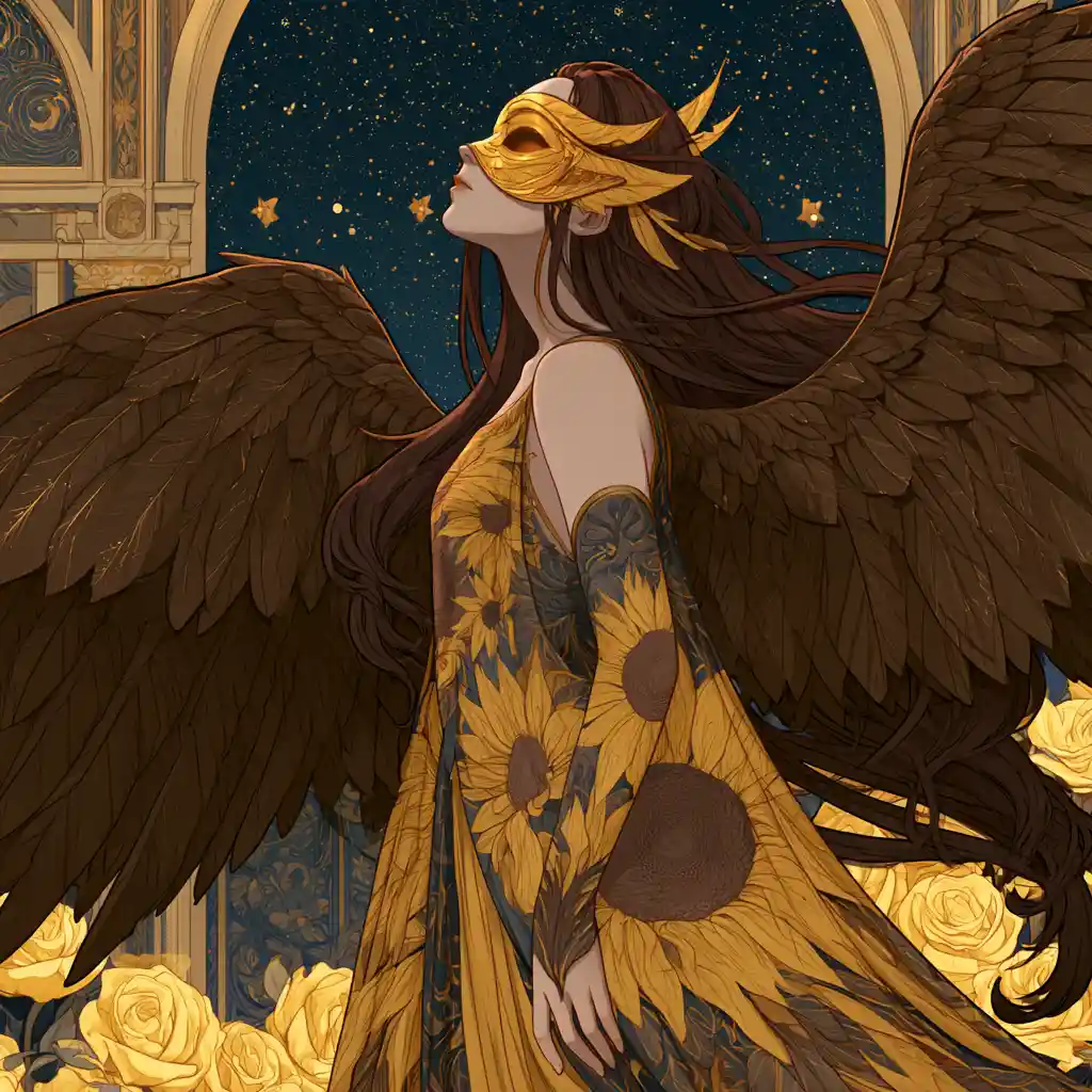 Melancholic Angel In A Grand Ballroom Under Starlit Sky
