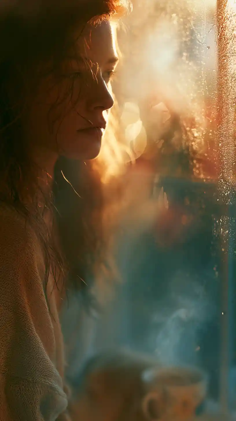 Girl by a rainy window with steaming cup at dusk