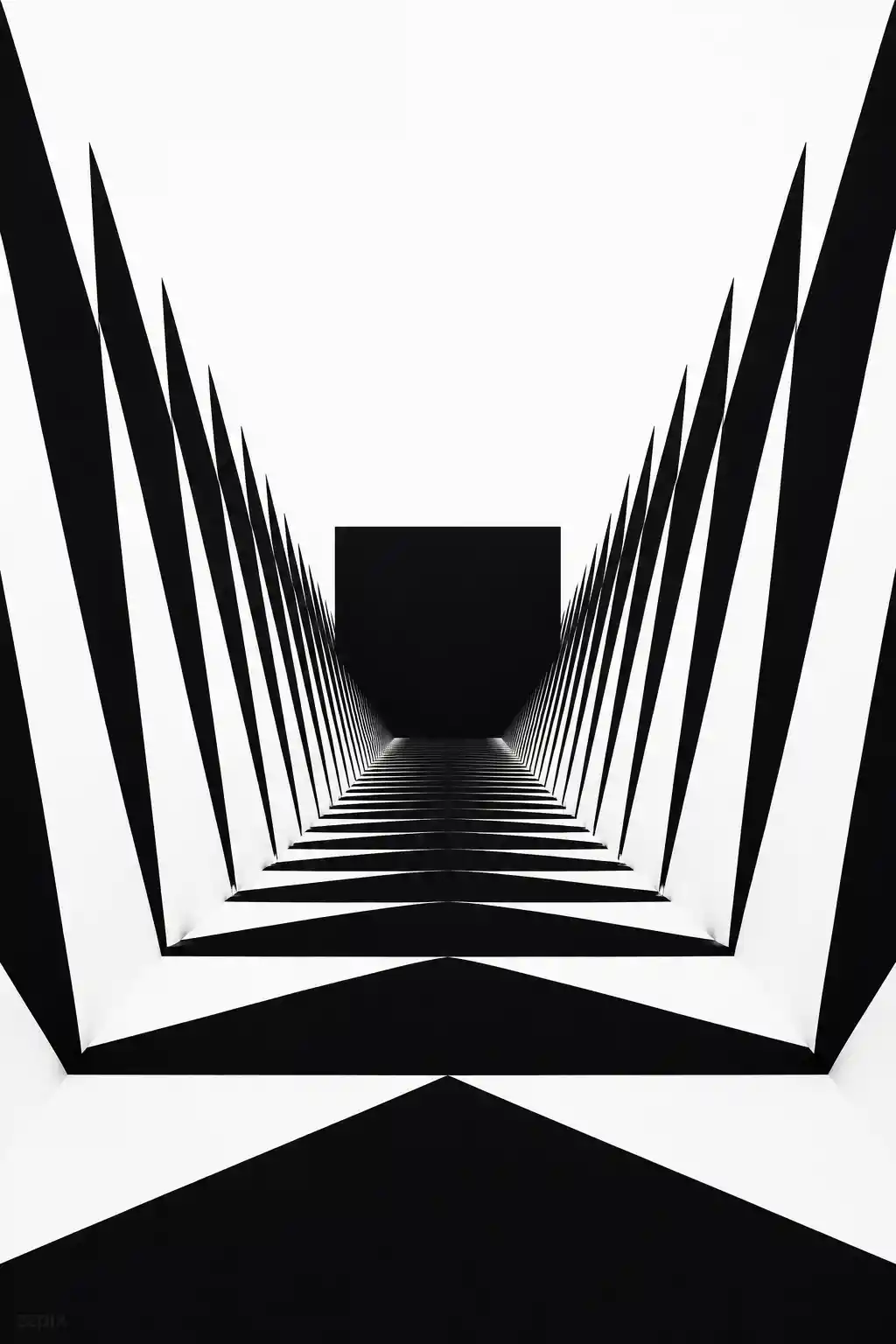 Abstract geometric tunnel of black triangles and void