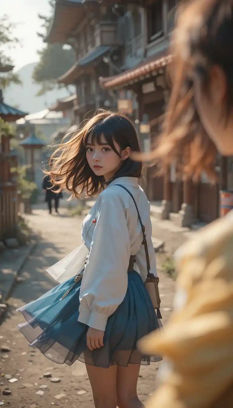 Cute toddler in Japanese style outdoor cinematic portrait