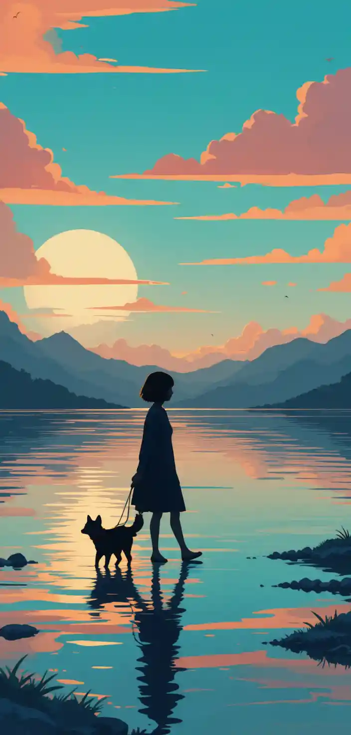 Girl and dog walking on reflective water at sunset
