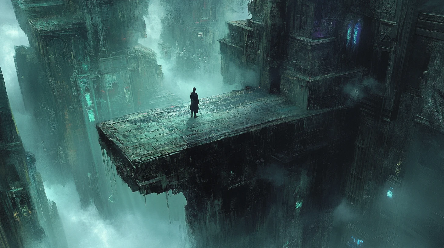 Lone figure on balcony above vast gothic industrial city