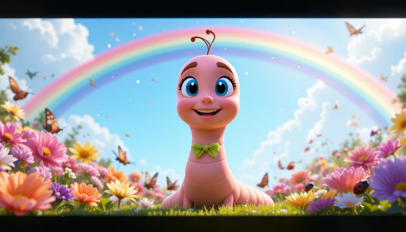 Cute pink worm smiling under a glowing rainbow