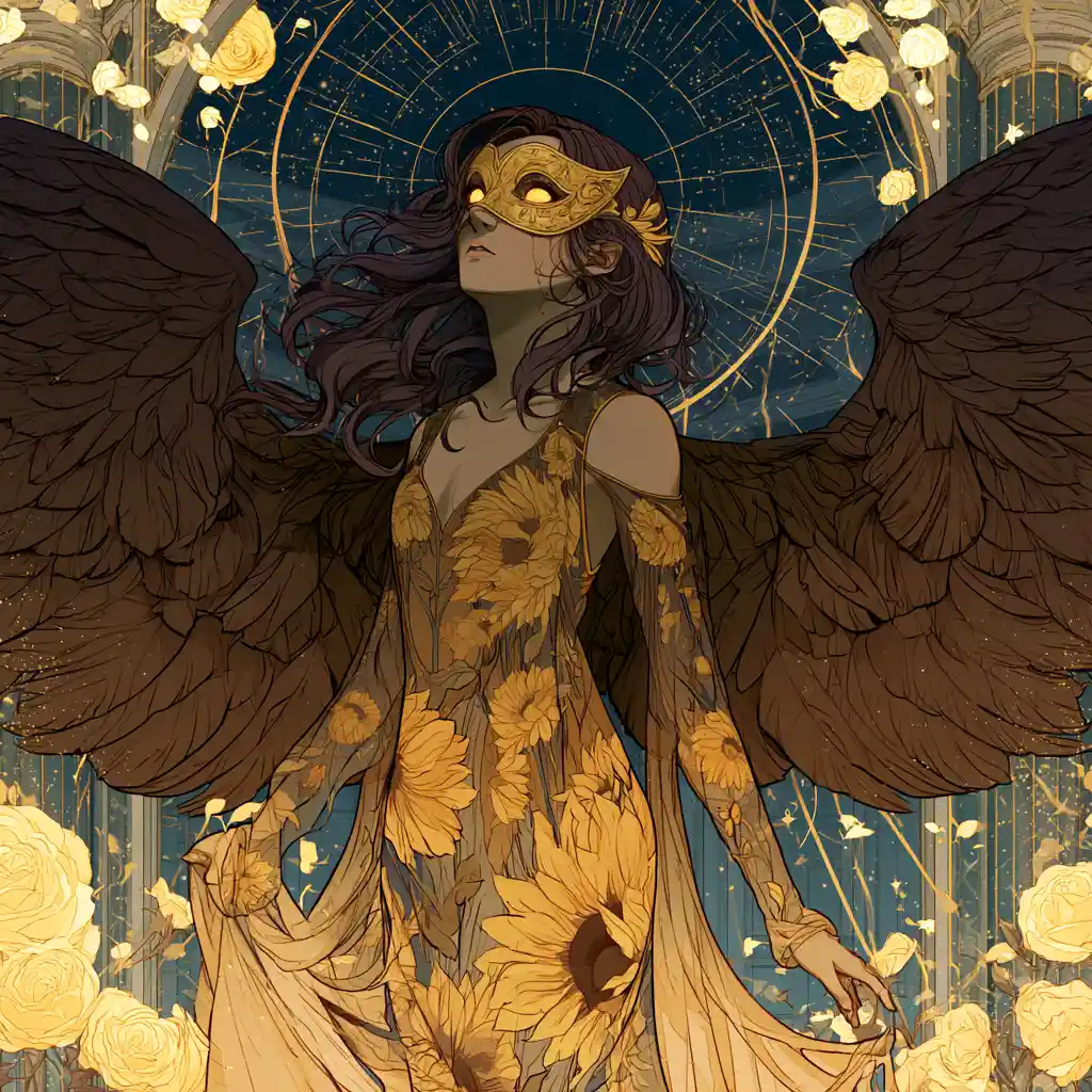 Angel in sunflower gown beneath a starry ballroom sky