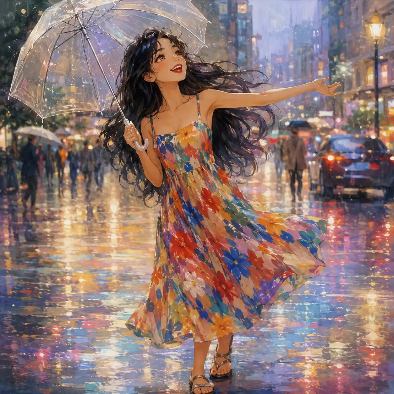 Joyful girl dancing with umbrella on rainy city street