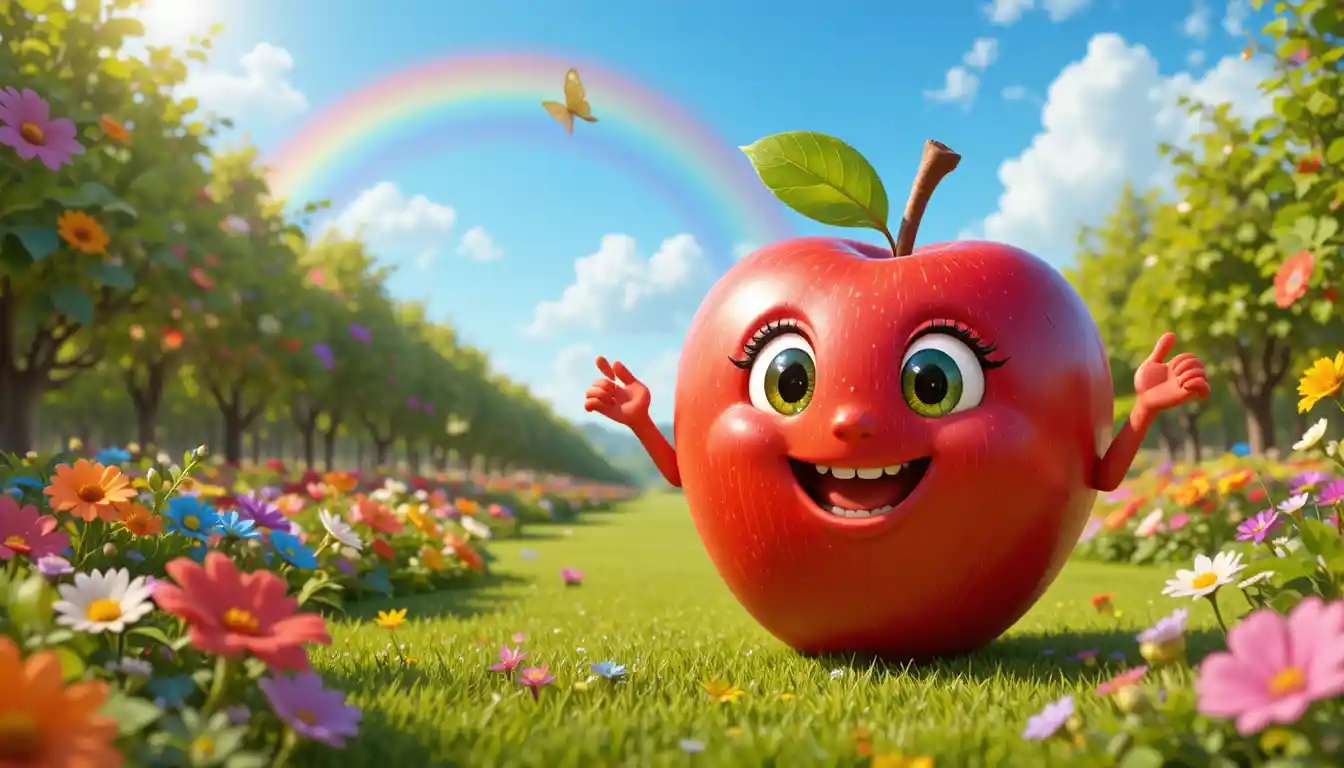 Smiling Red Apple Character In A Sunny Orchard Scene