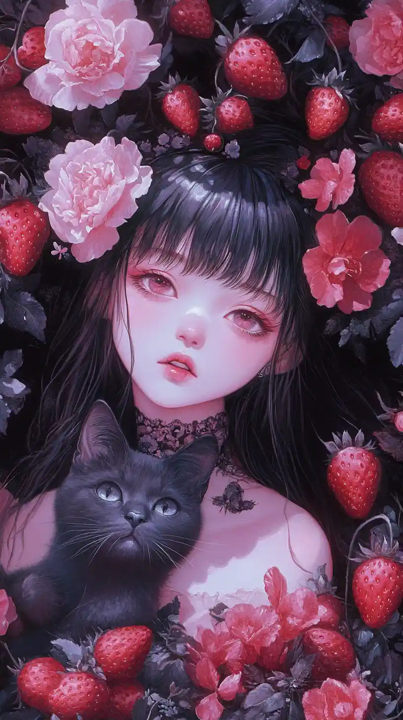 Gothic pastel anime girl with plush strawberries and flowers