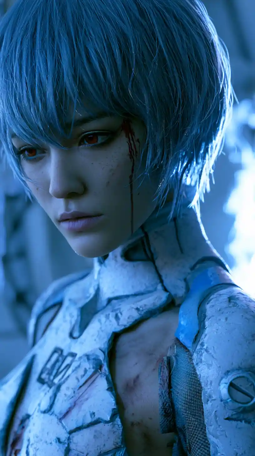 Wounded blue haired woman in torn white plugsuit close up