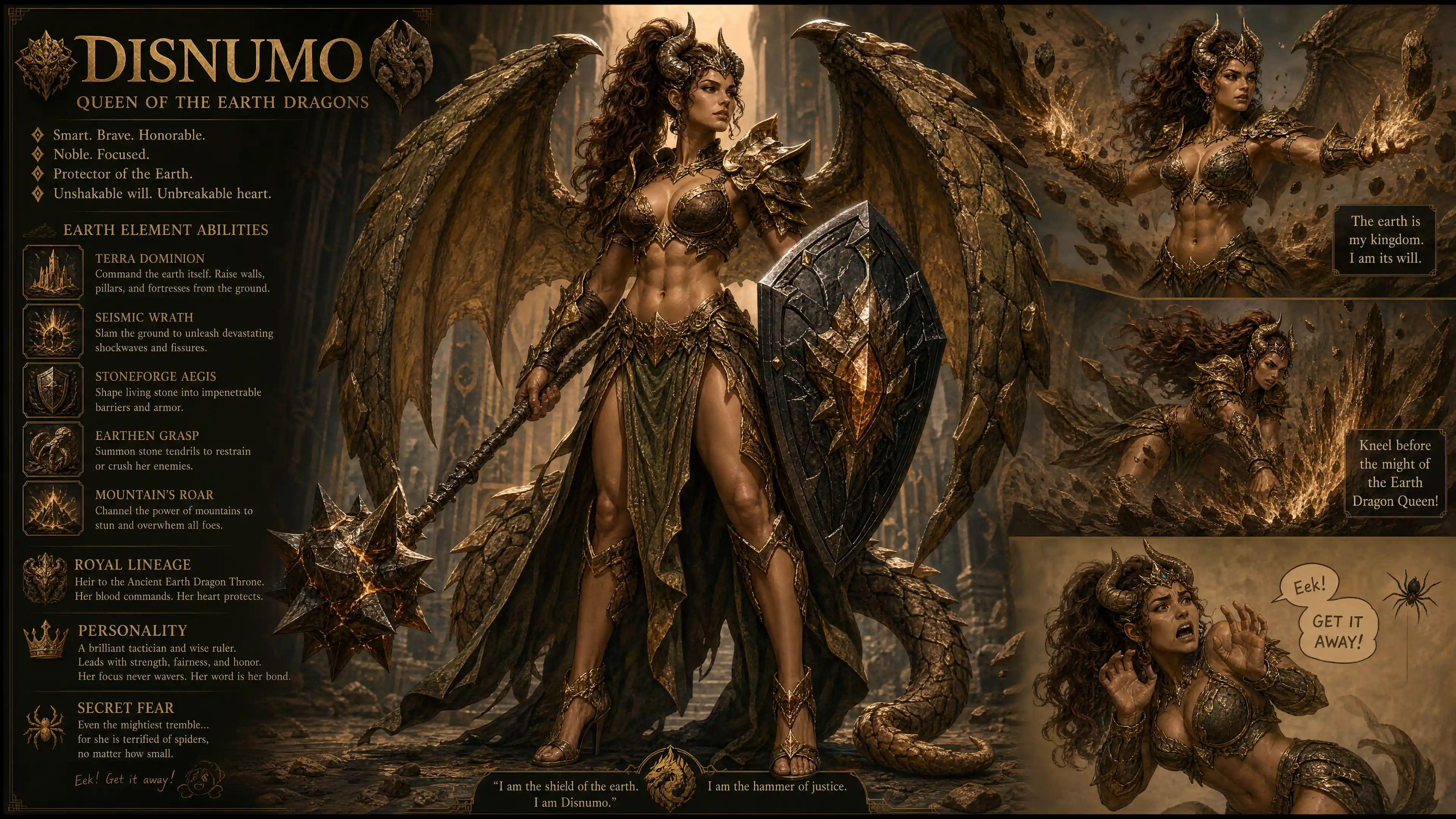 Earth dragon queen warrior woman with mace and shield