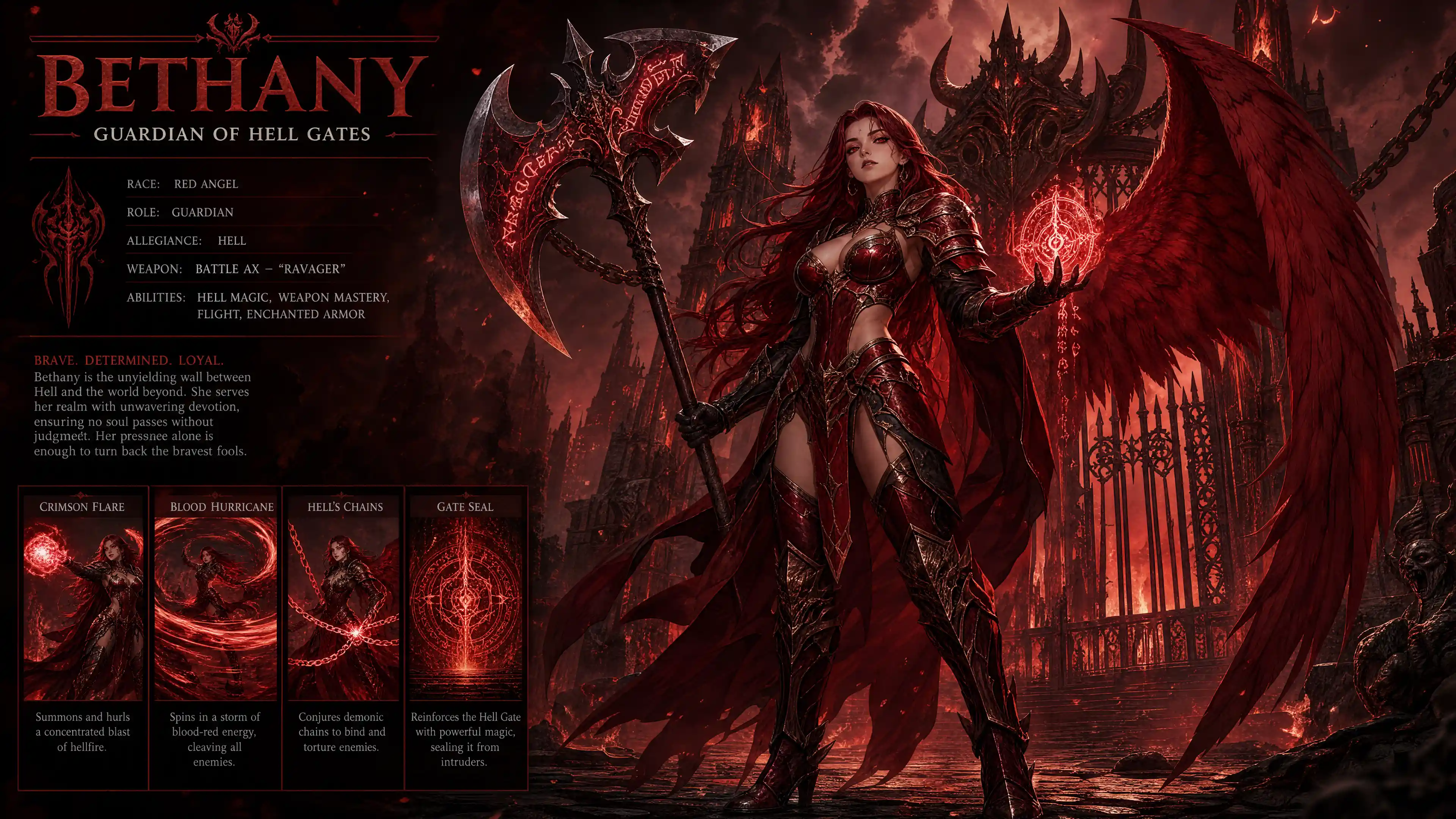Red haired hell warrior angel guarding infernal gates