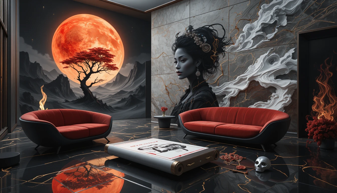 Futuristic living room with red sofa and alien mural