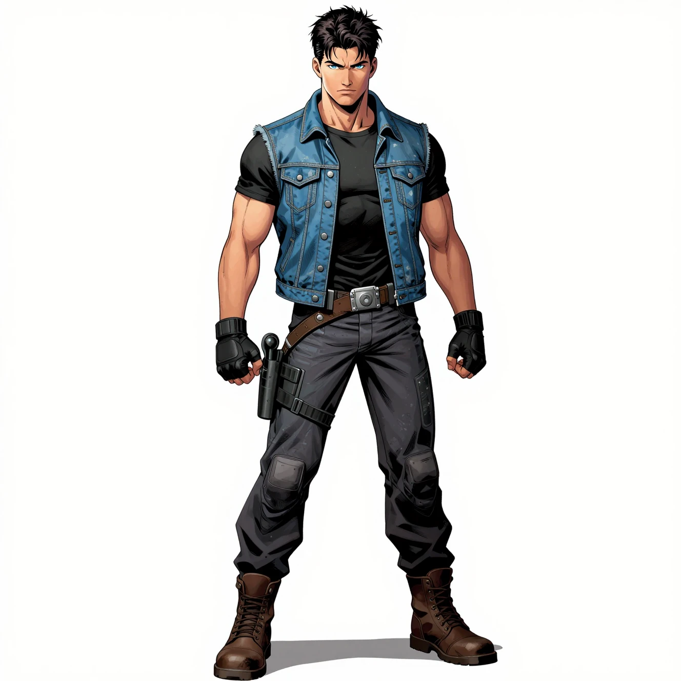 Confident sci fi hero in denim vest and combat gear