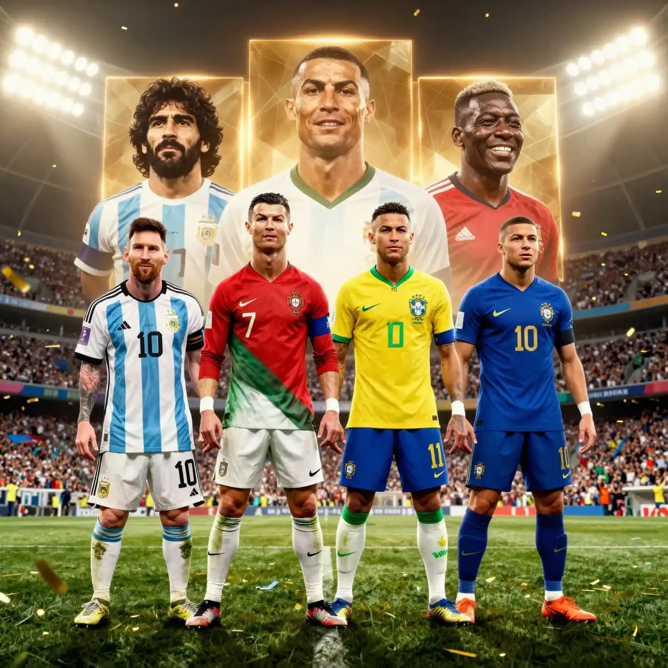 Fußballlegenden im heroischen Line-up unter Stadionlichtern