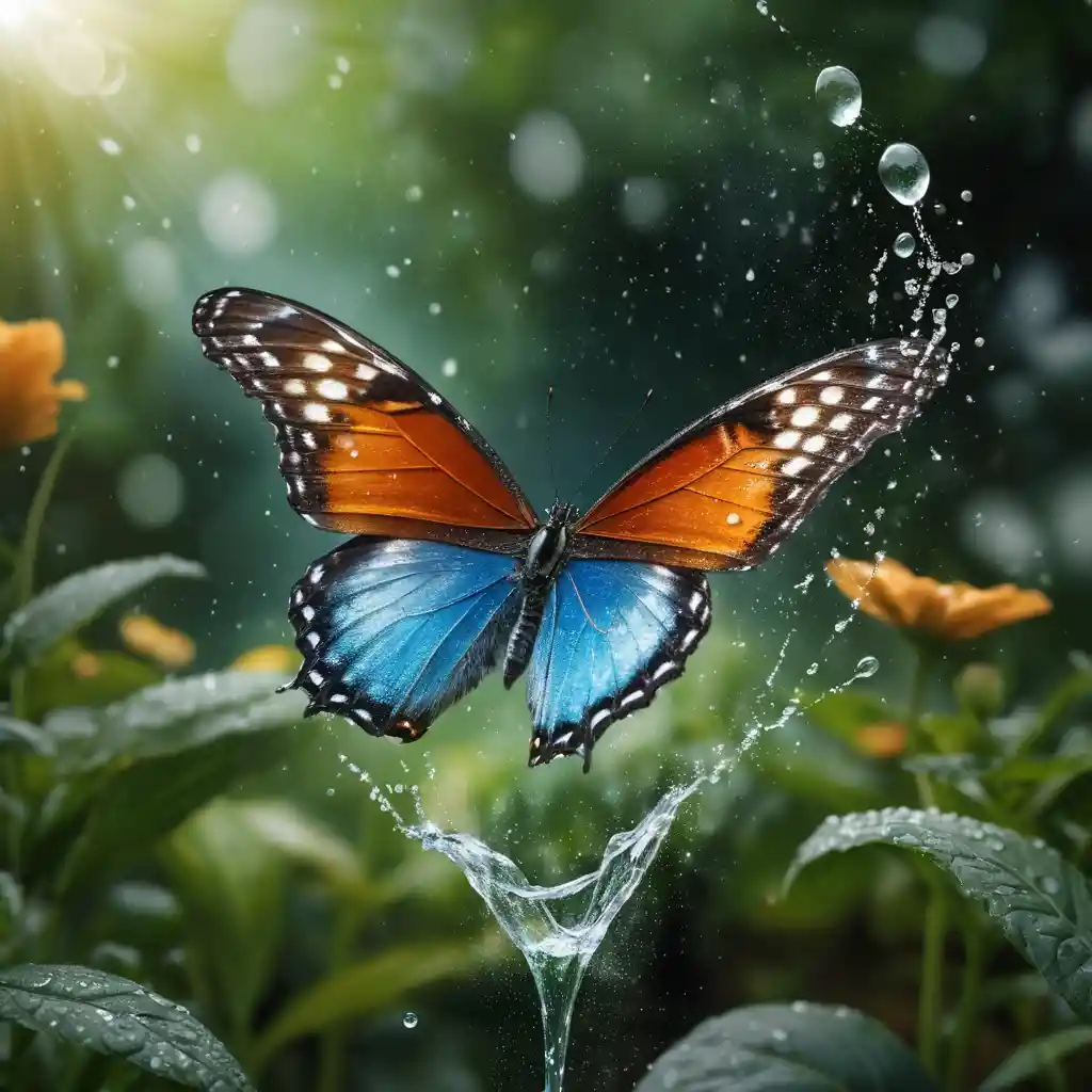 Wasserschmetterling, der durch eine lebendige Gartenszene fliegt