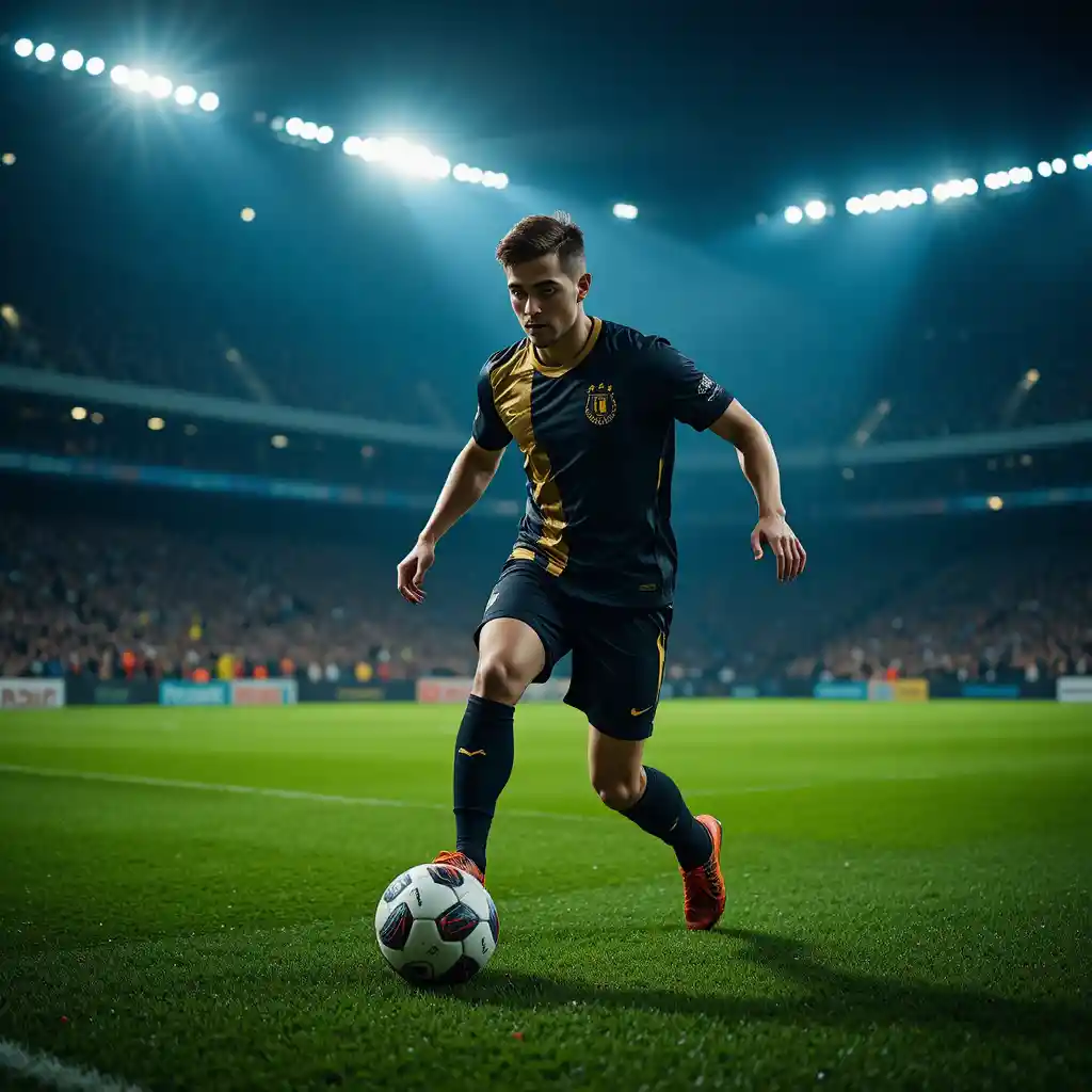 Soccer player dribbling under bright stadium lights at night