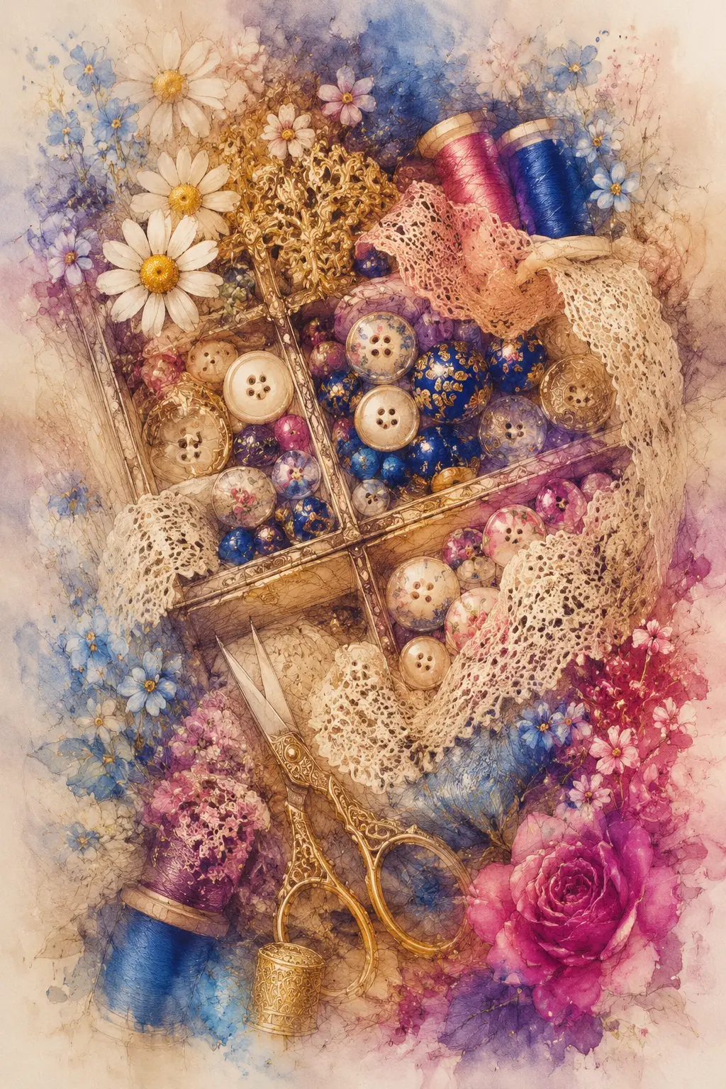 Nostalgic sewing box close up with buttons and flowers