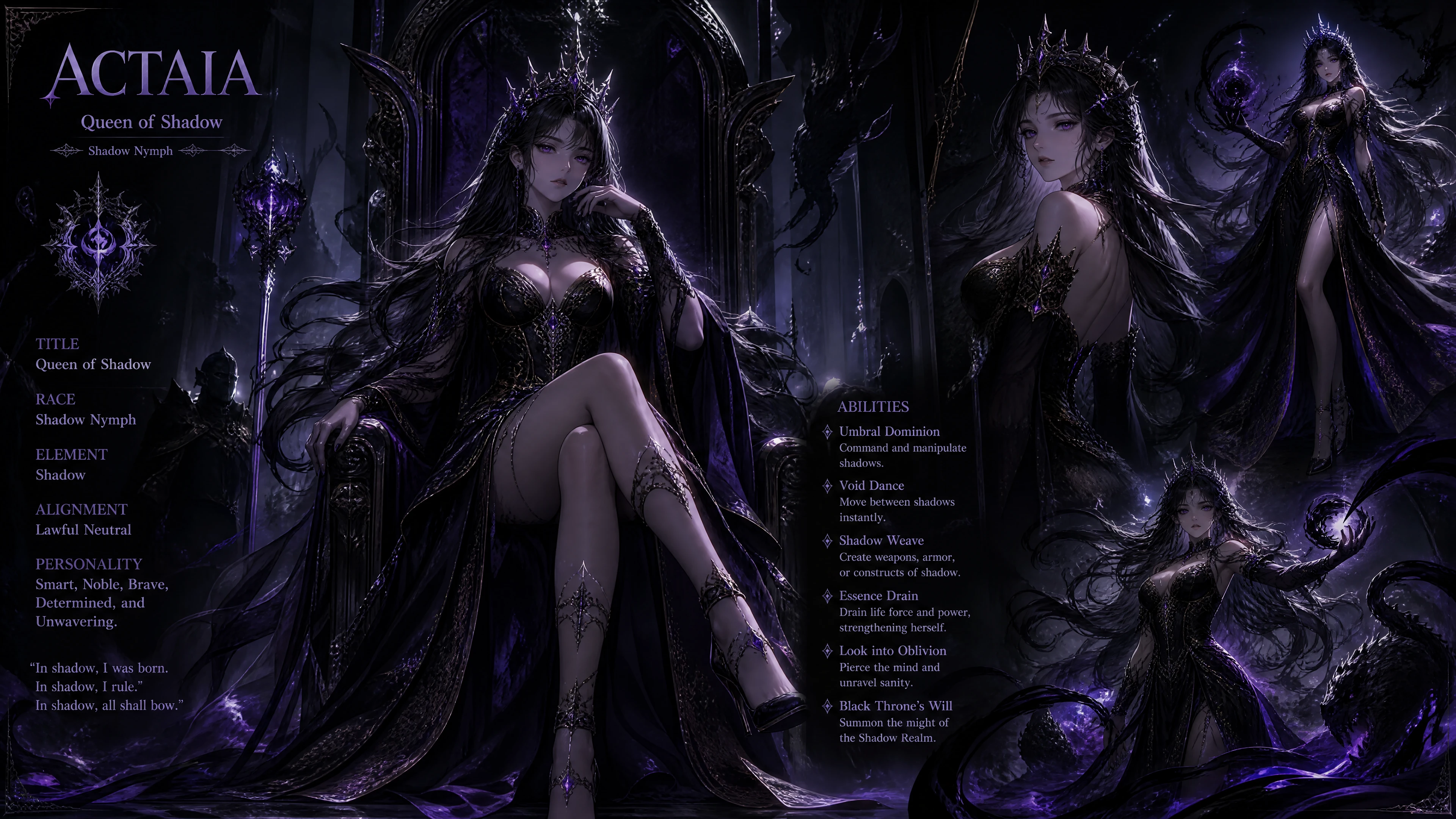 Shadow queen nymph with long dark hair and purple eyes