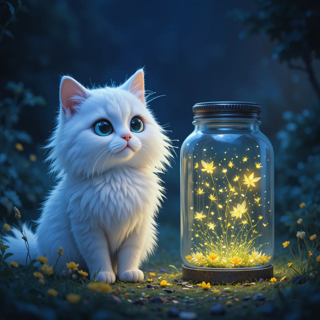 White cat beside glowing firefly jar on a quiet night