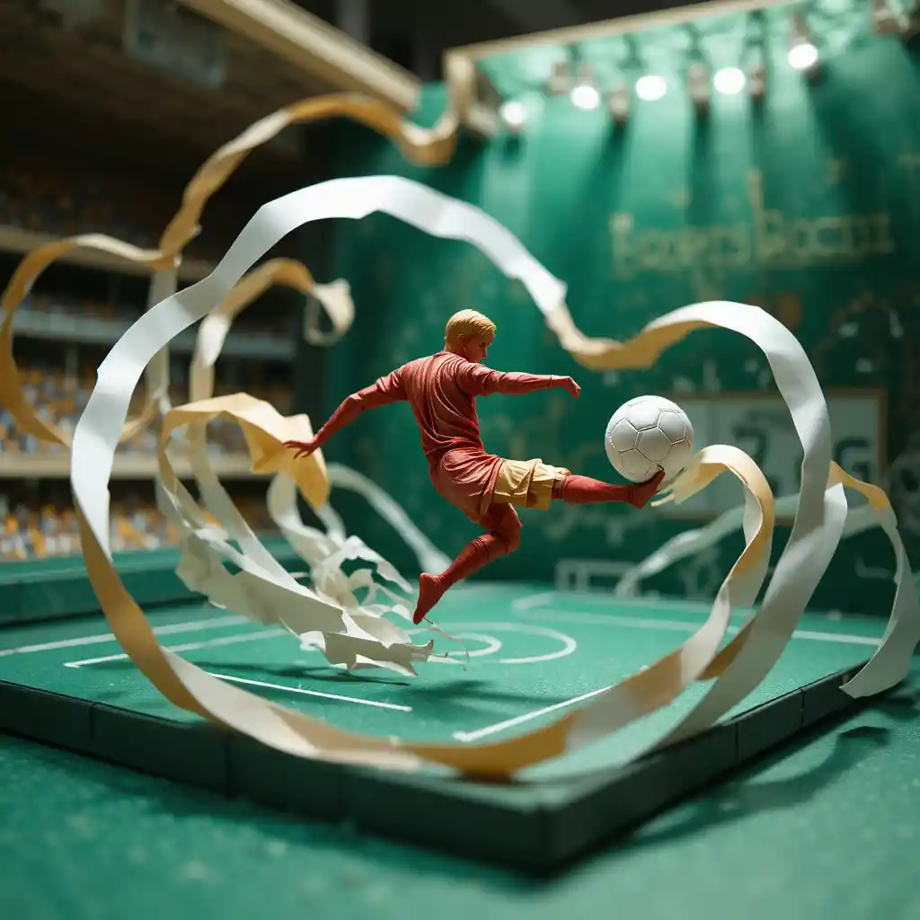 Origami soccer player performing a dramatic bicycle kick