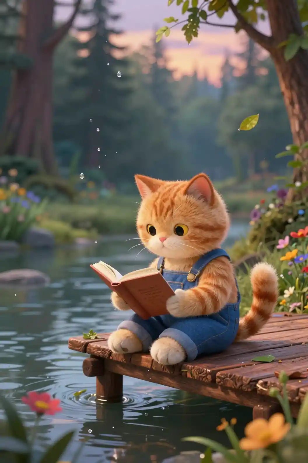 Ginger cat in denim overalls reading on a wooden pier