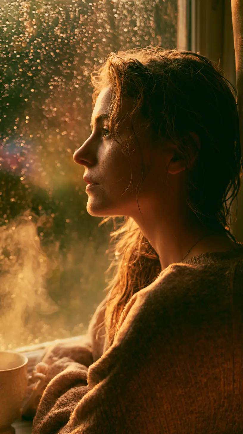 Girl by rainy window with warm golden hour light