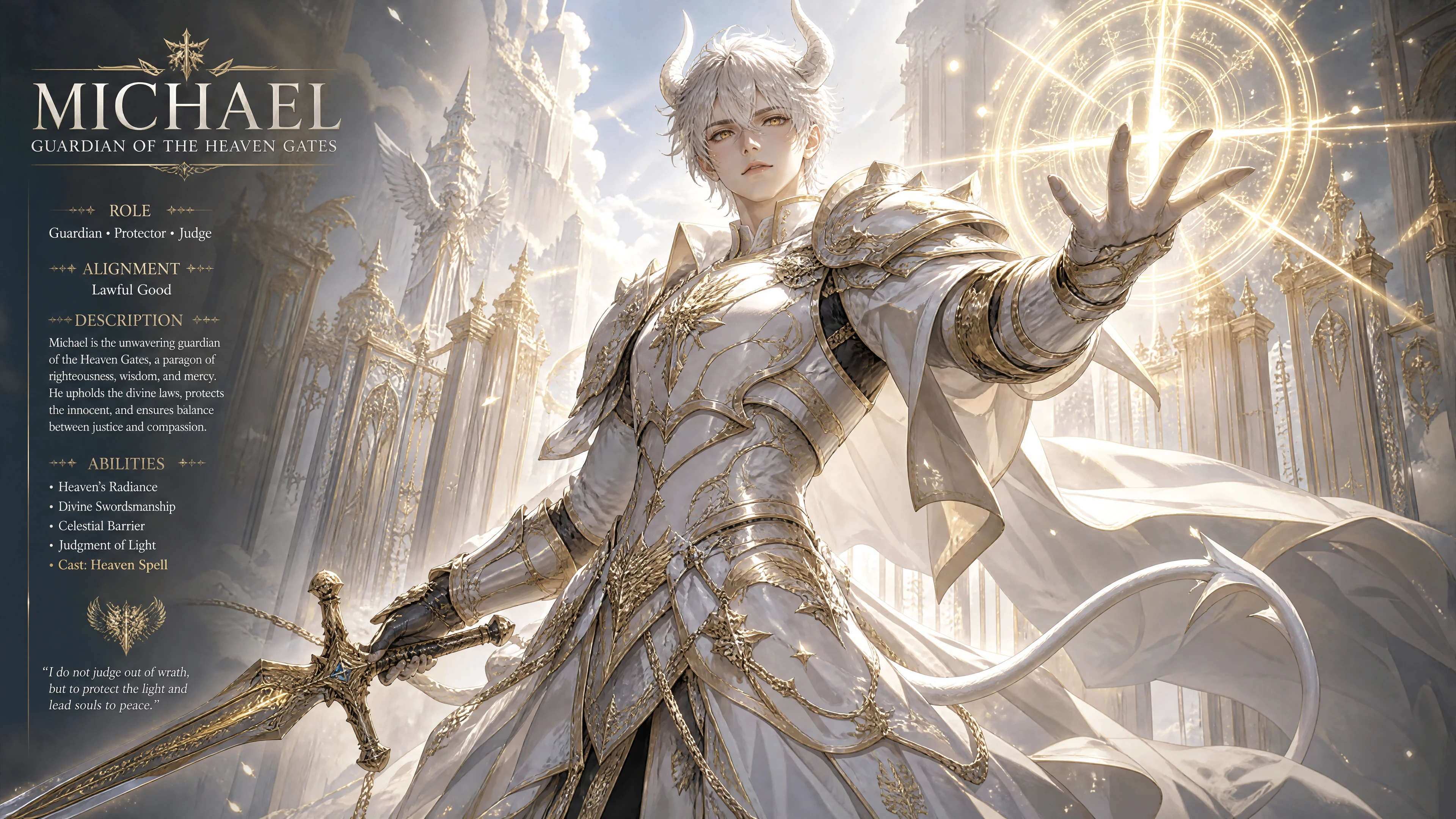 Heavenly armored guardian with white horns casting holy magic