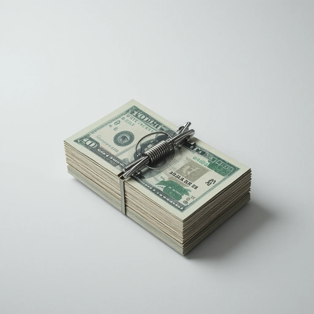 Green mousetrap holding rupiah banknotes on white background