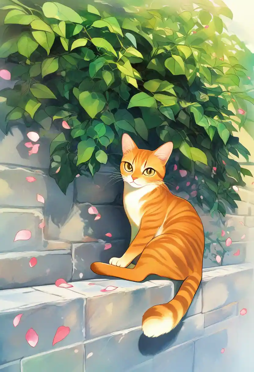Orange tabby cat resting on a grey brick garden wall