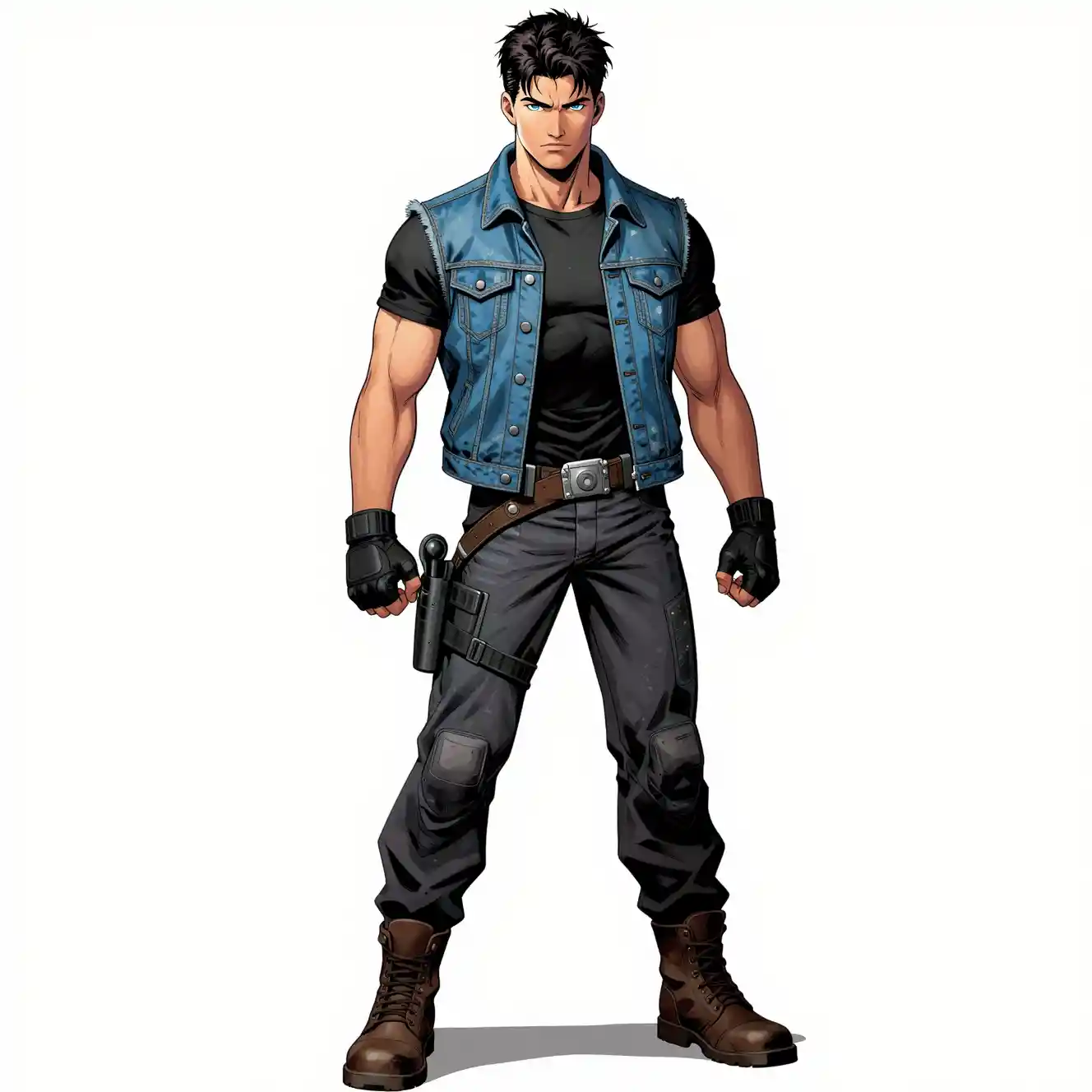 Confident sci fi hero in denim vest and combat gear