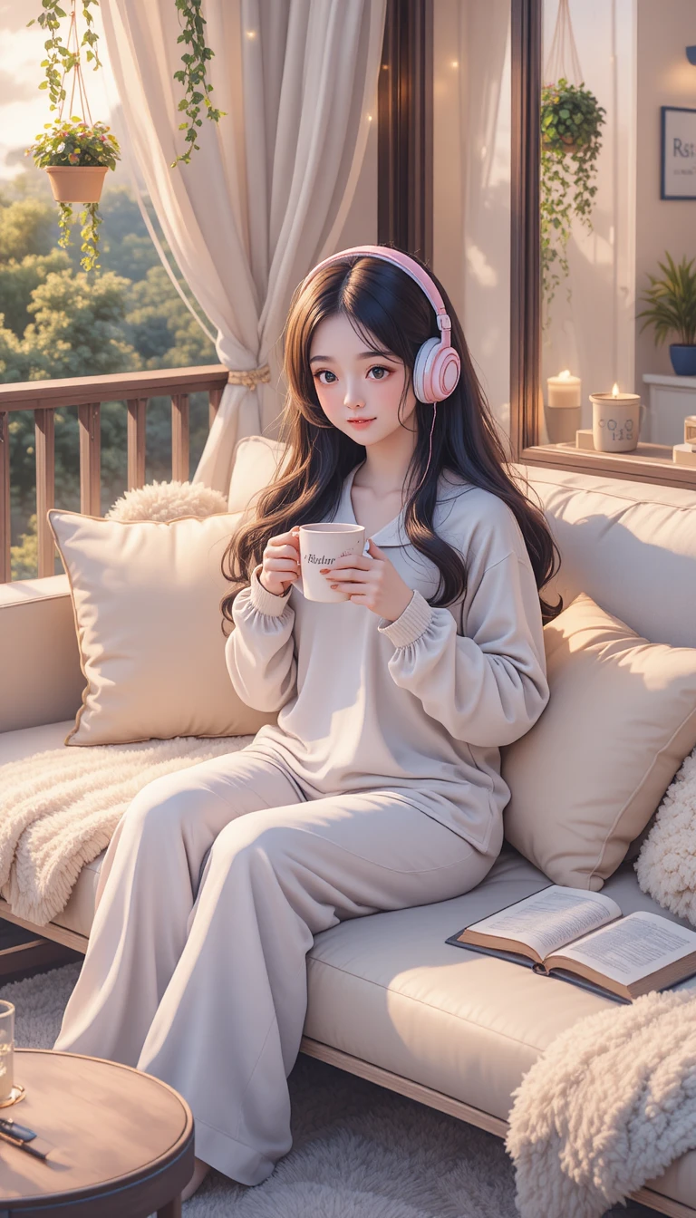 Anime girl relaxing with coffee on a cozy balcony