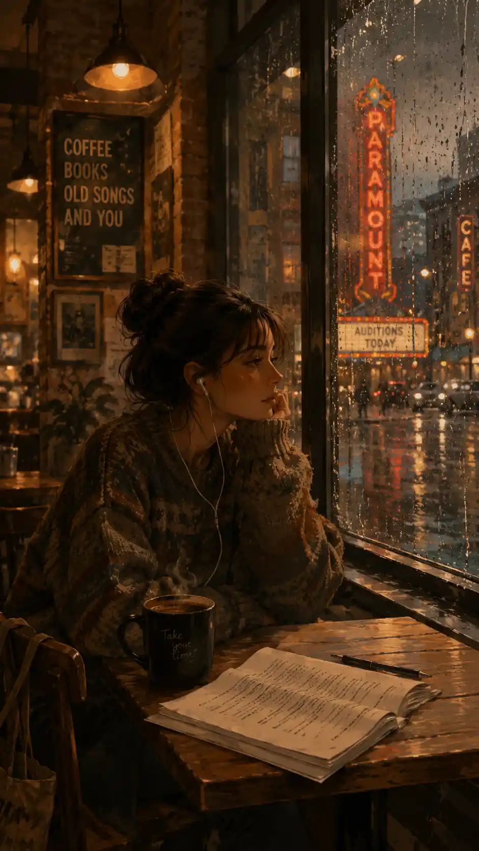 Young woman in a rainy day cafe with script pages