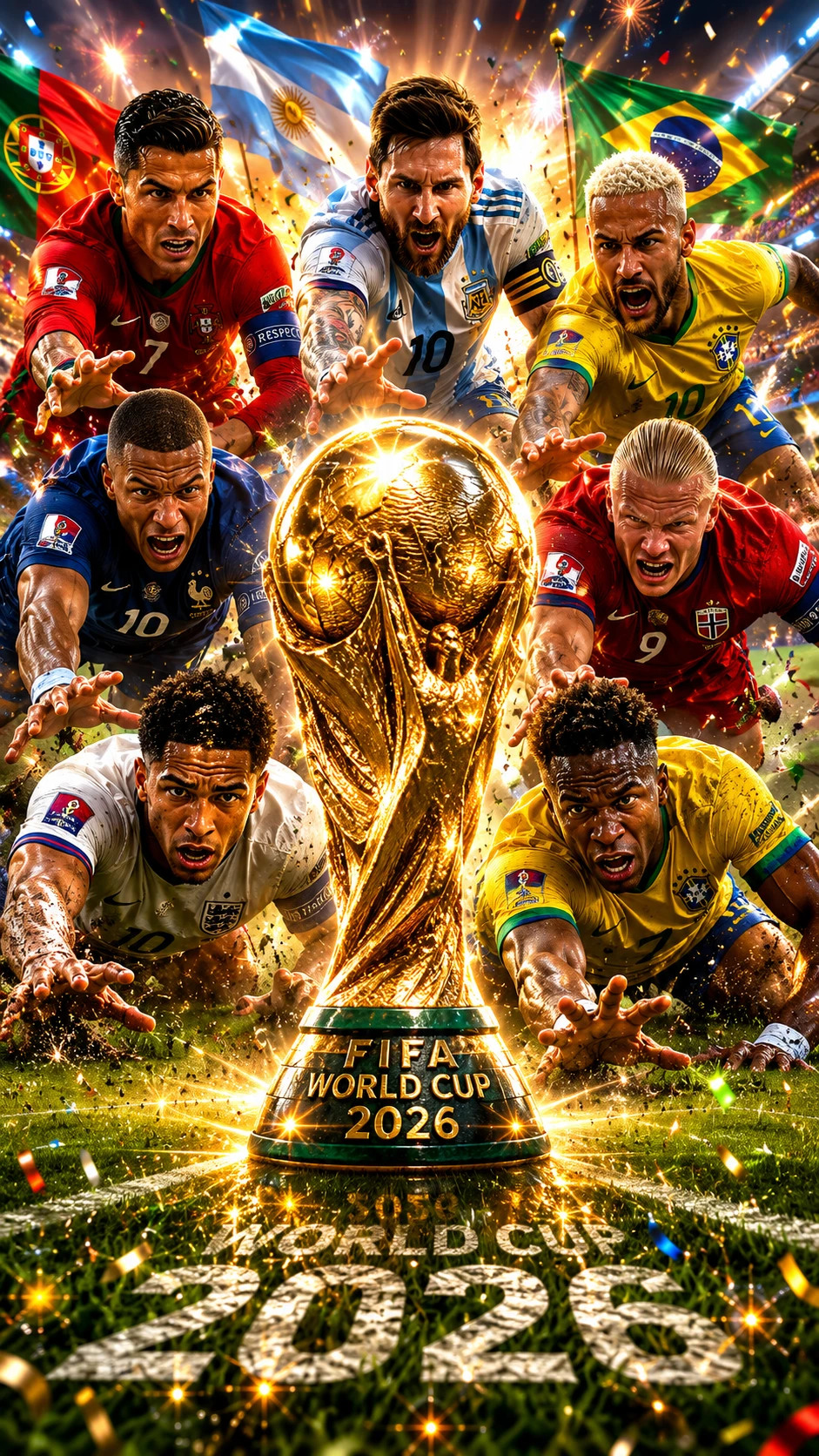 World Cup trophy with football legends reaching forward