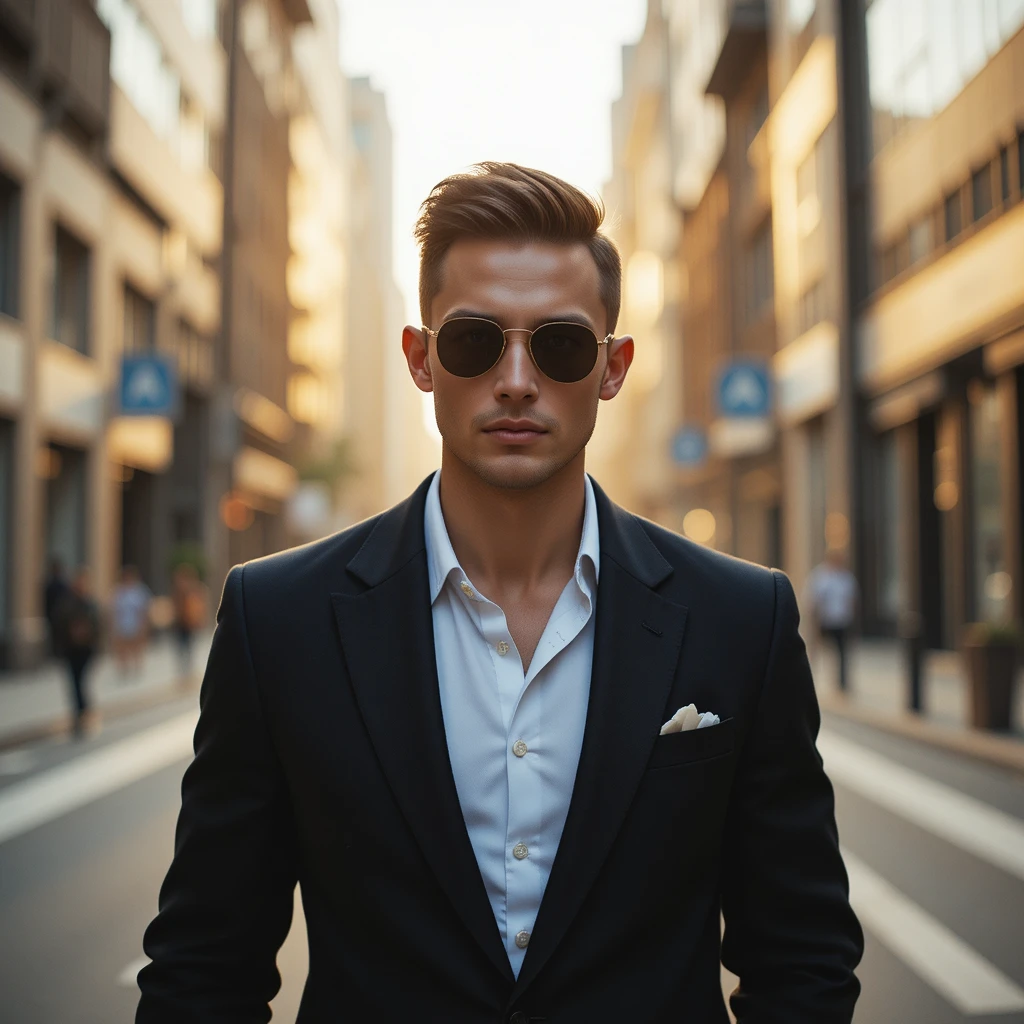 Confident young man walking on modern city street