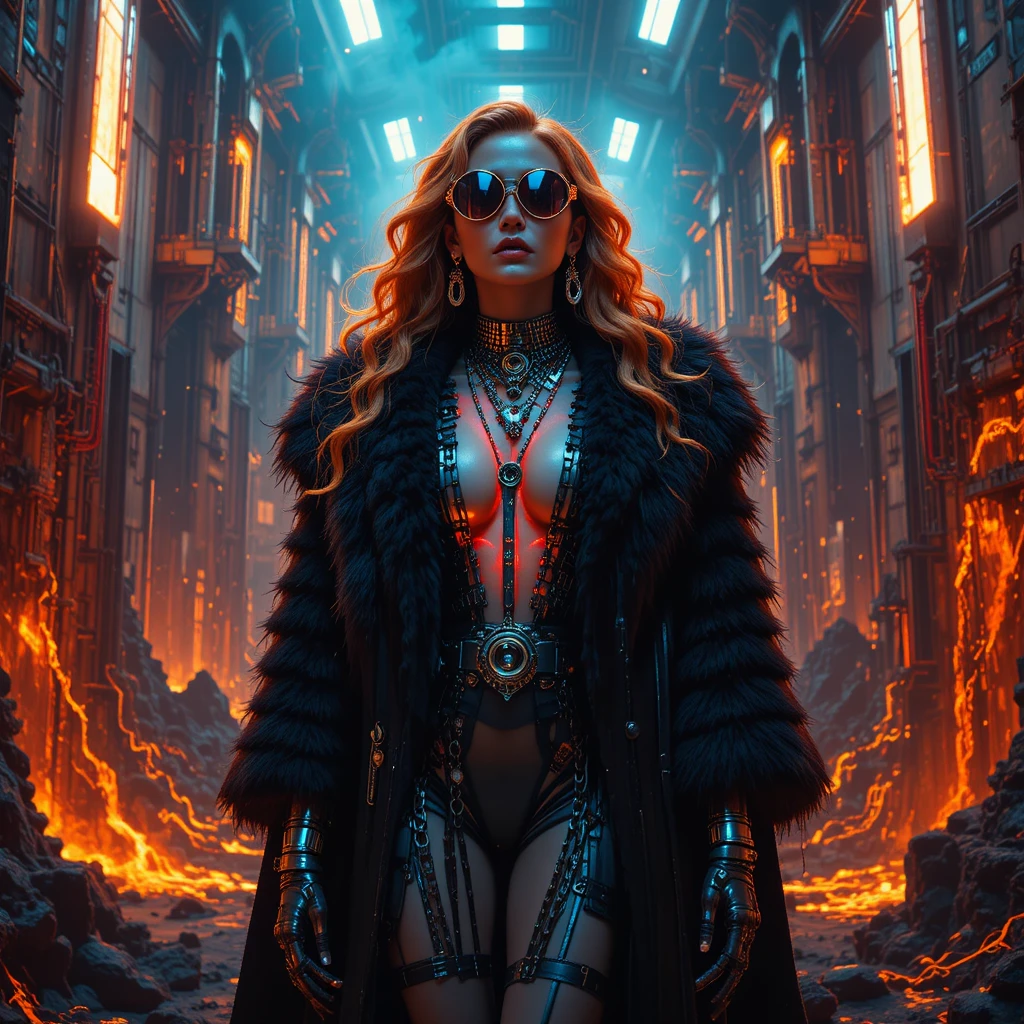 Cyberpunk femme fatale in a molten reactor cathedral