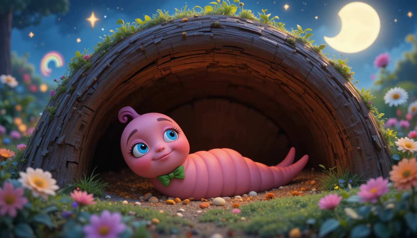 Cute worm sleeping in a cozy underground garden home