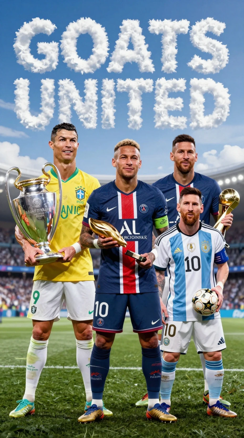 Soccer legends standing together holding championship trophies
