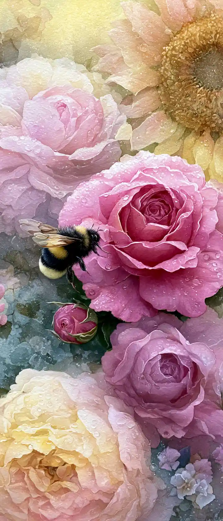 Tiny bumblebee in a dreamy oversized flower garden