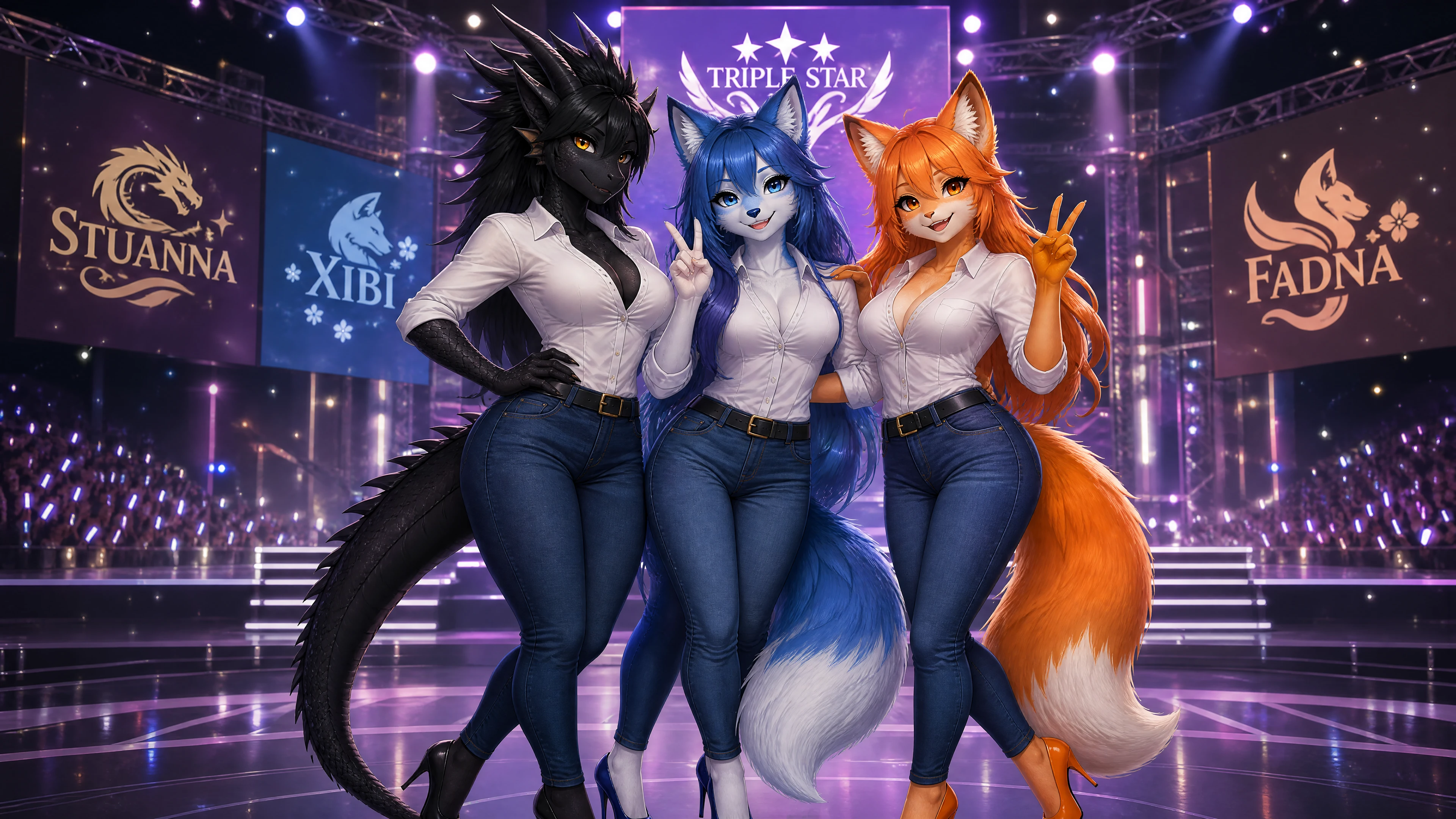 Anthro dragon woman idol in casual shirt and jeans