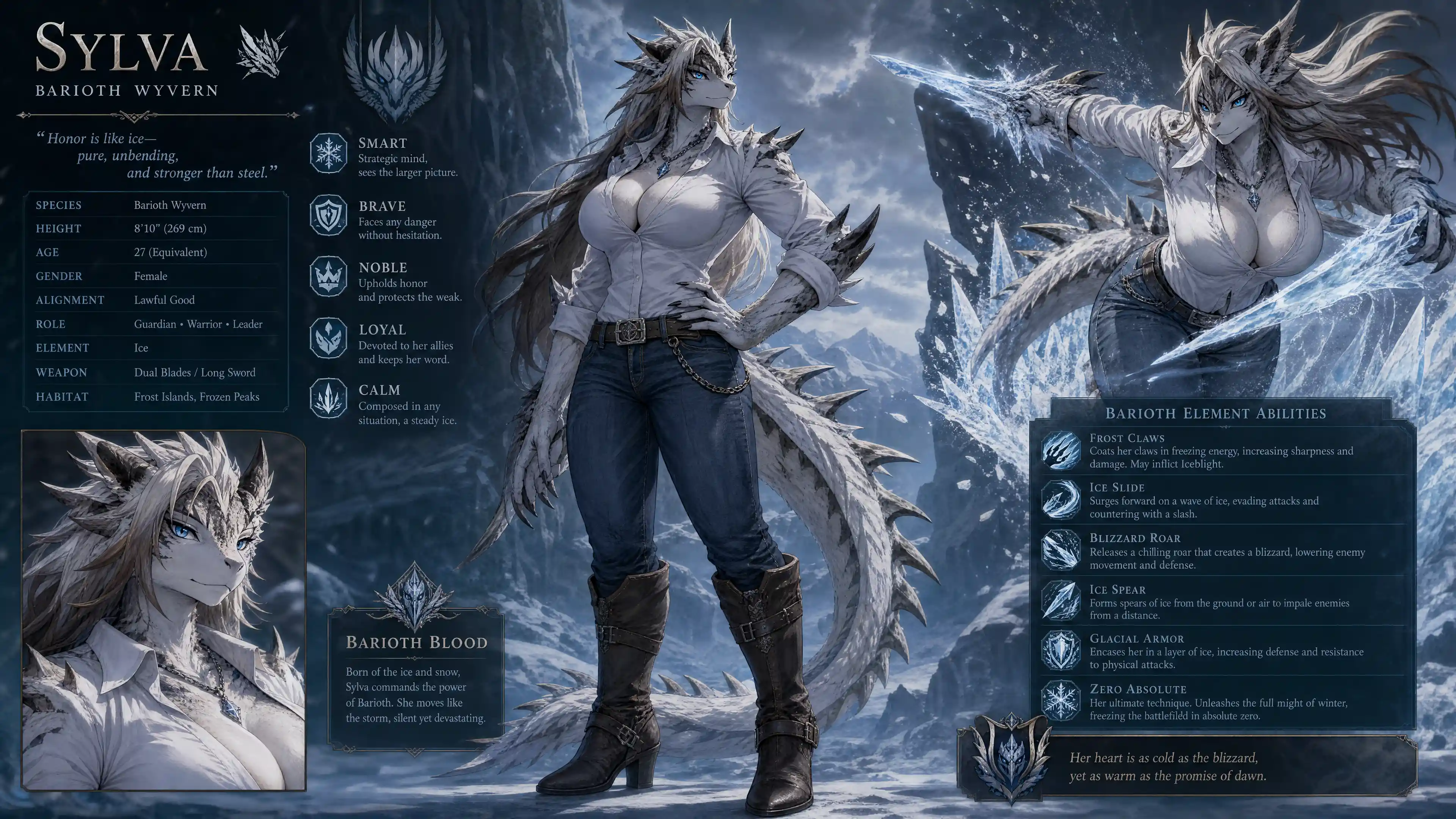 Tall noble fantasy woman with wyvern features in casual clothes