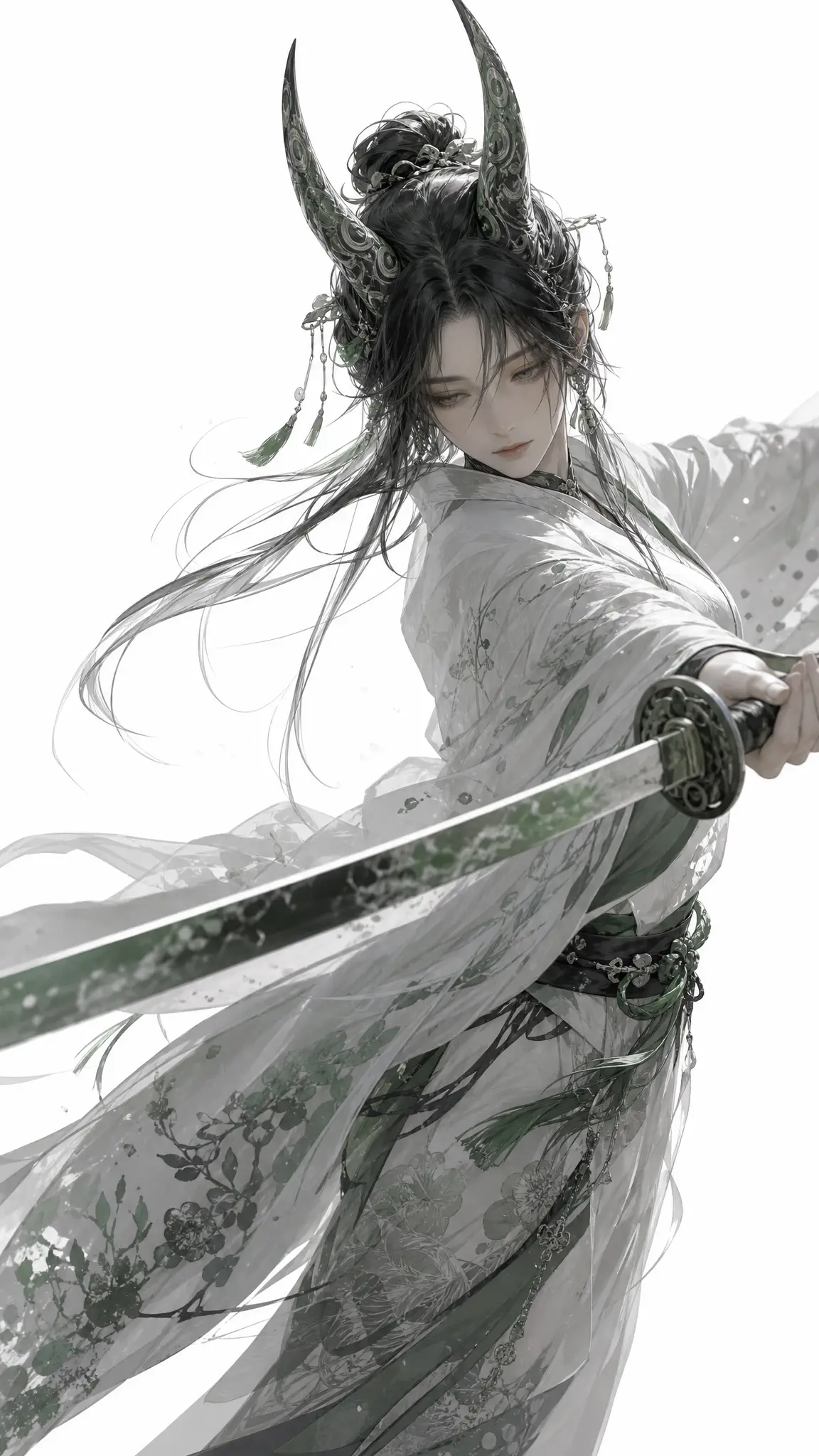 3D girl warrior with katana in patterned kimono