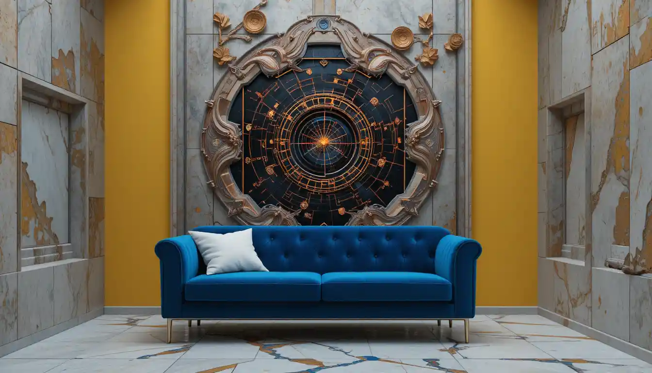 Blue velvet couch in a yellow room with landscape portal