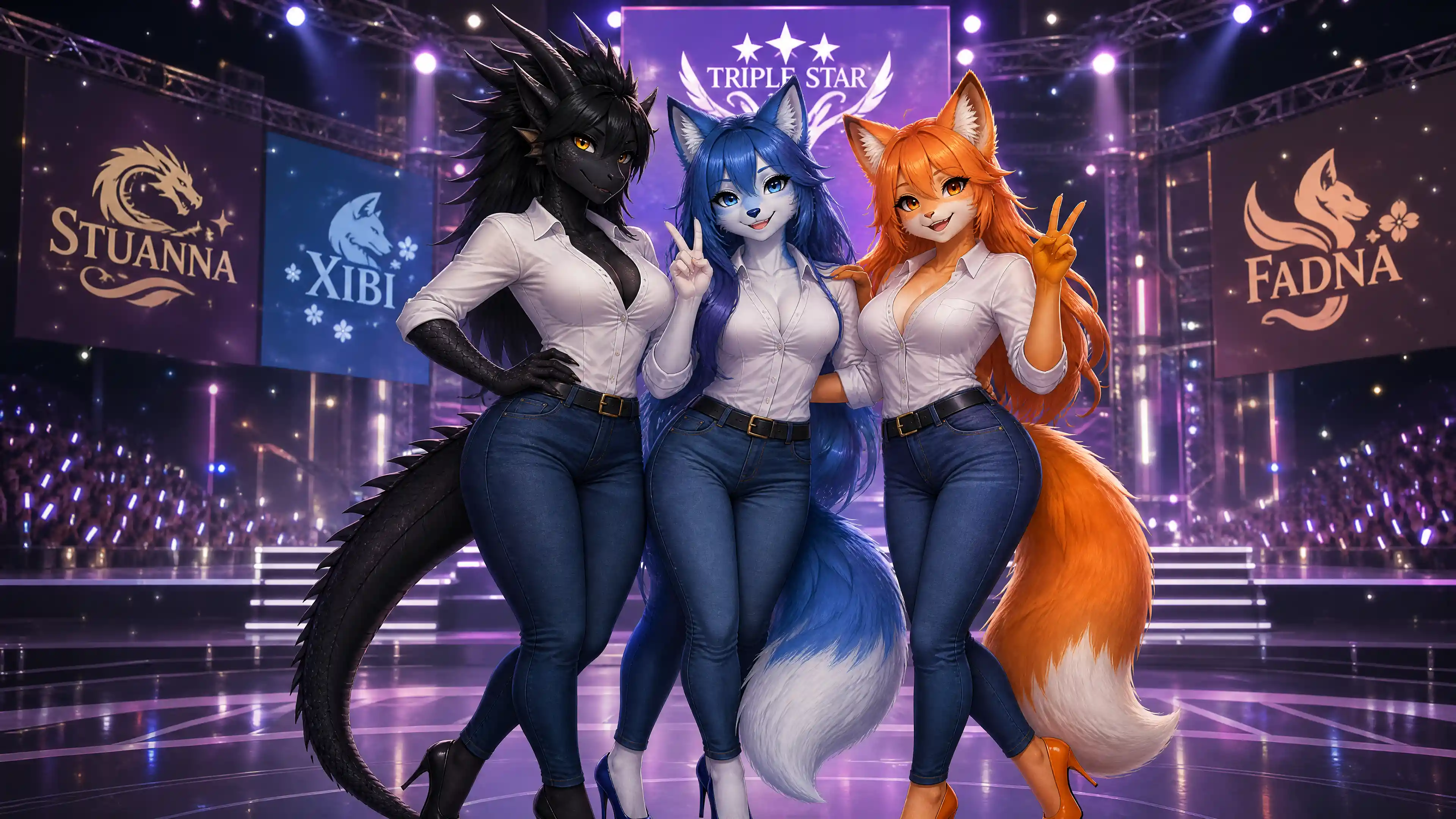 Anthro dragon woman idol in casual shirt and jeans