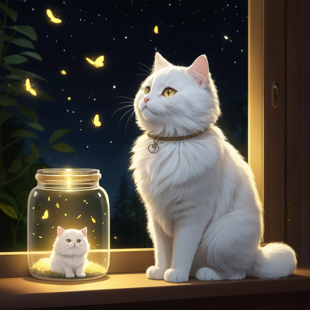 Fluffy White Cat Beside A Glowing Firefly Jar At Night