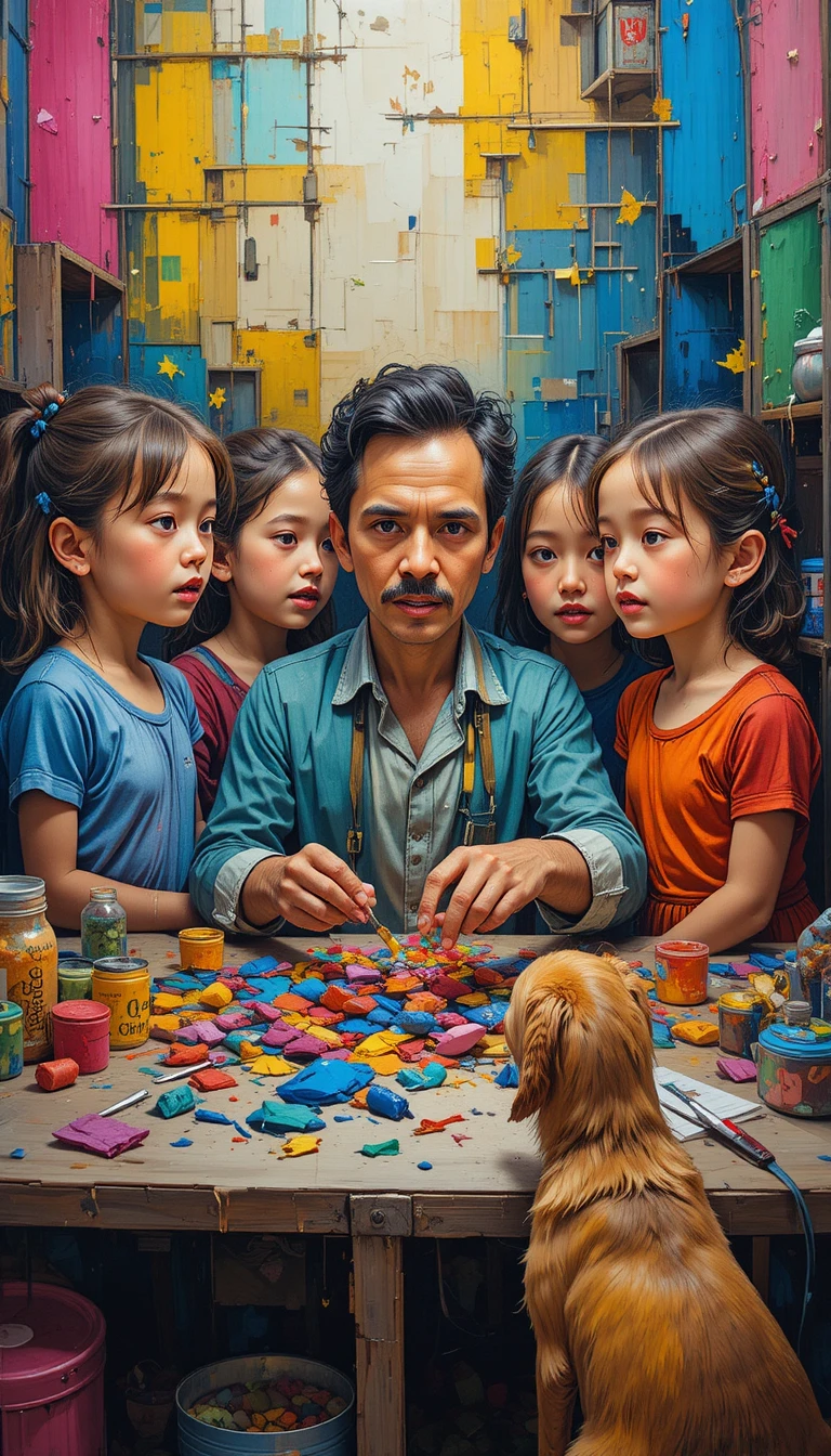 Children Watching A Kite Maker In Abstract Close Up Painting
